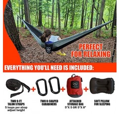 캠핑 베개가 포함된 장일 캠핑 해먹 - 휴대용 해먹 - 나무 끈과 해먹 베개가 포함된 싱글 또는 더블 해먹 캠핑(블랙/레드) (블랙/레드)