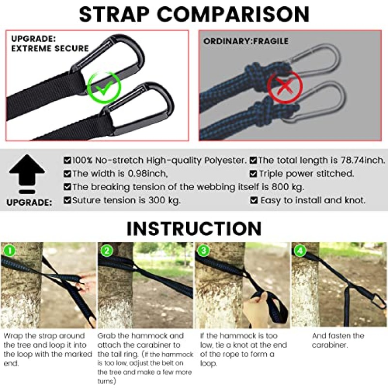 캠핑 해먹, 나무 끈이 달린 더블 및 싱글 휴대용 해먹, 그물과 레인 플라이 방수포 및 배낭 하이킹 여행 야외 포켓이 포함된 경량 나일론 해먹 스윙 세트