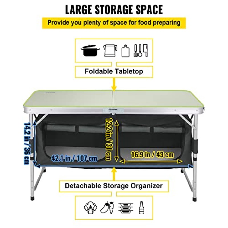 VEVOR 캠핑 주방 테이블 야외 피크닉 해변 파티 요리, 회색을위한 스토리지 주최자와 알루미늄 휴대용 접는