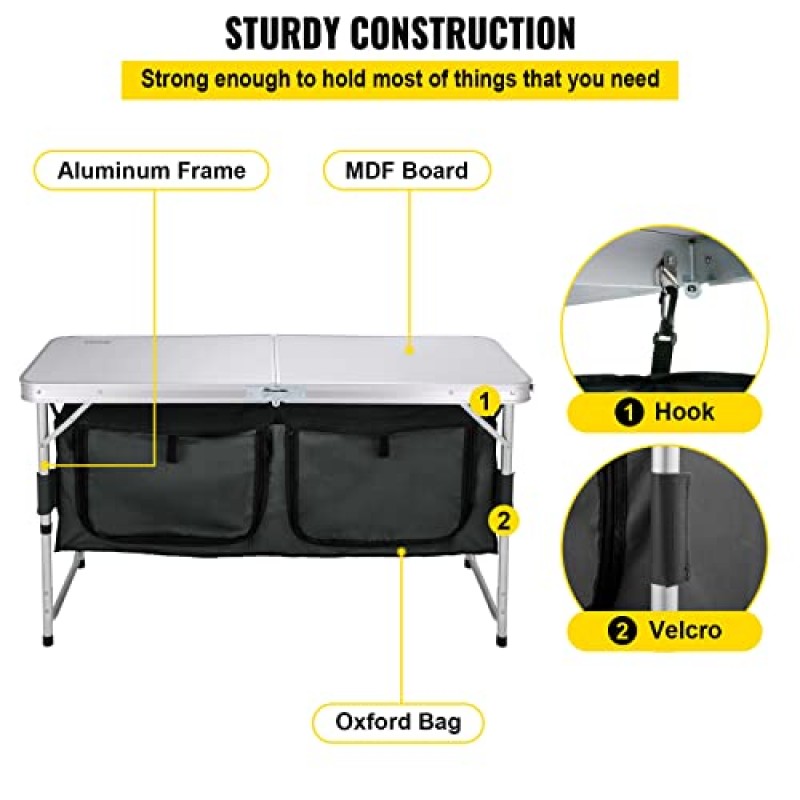 VEVOR 캠핑 주방 테이블 야외 피크닉 해변 파티 요리, 회색을위한 스토리지 주최자와 알루미늄 휴대용 접는