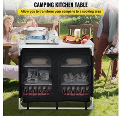 VEVOR 캠프 주방 테이블 보관함, 야외용 알루미늄 휴대용 접이식 쿡 스테이션(정리함 및 휴대용 가방 포함) 바베큐, 파티, 뒷마당, RV 여행용 빠른 설정, 블랙