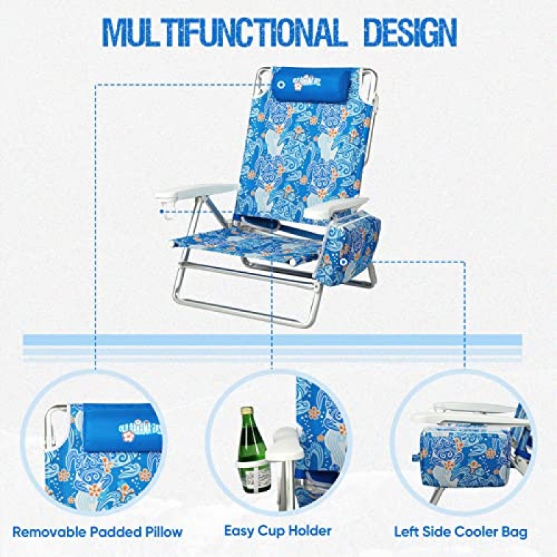 올드 바하마 베이 리클라이닝 비치 체어 배낭 성인용 5위치 레이 플랫 라운지 의자 헤비 듀티 휴대용 접이식 경량 쿨러 백 포함 캠핑 의자 모래 야외 블루