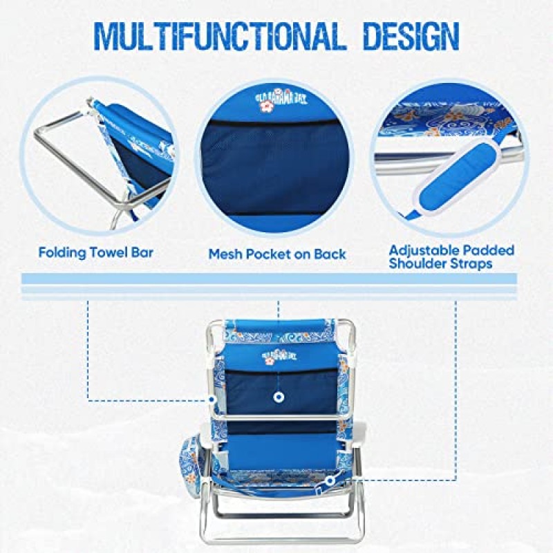 올드 바하마 베이 리클라이닝 비치 체어 배낭 성인용 5위치 레이 플랫 라운지 의자 헤비 듀티 휴대용 접이식 경량 쿨러 백 포함 캠핑 의자 모래 야외 블루