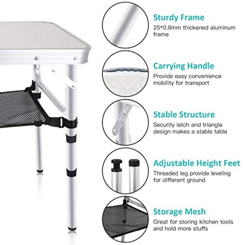 EXCELFU 소형 접이식 캠핑 테이블, 보관 메쉬가 있는 휴대용 높이 조절 알루미늄 캠프 테이블 야외 실내, 캠프, 피크닉, 요리, 해변용 경량 접이식 테이블(3 높이)