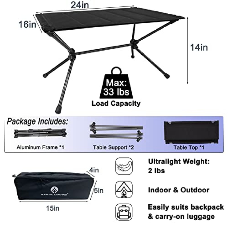 EASDRIL 접이식 캠핑 테이블 - 피크닉, 해변, 잔디밭, 배낭 여행을 위한 휴대용 가방이 있는 접이식 휴대용 야외 캠프 테이블