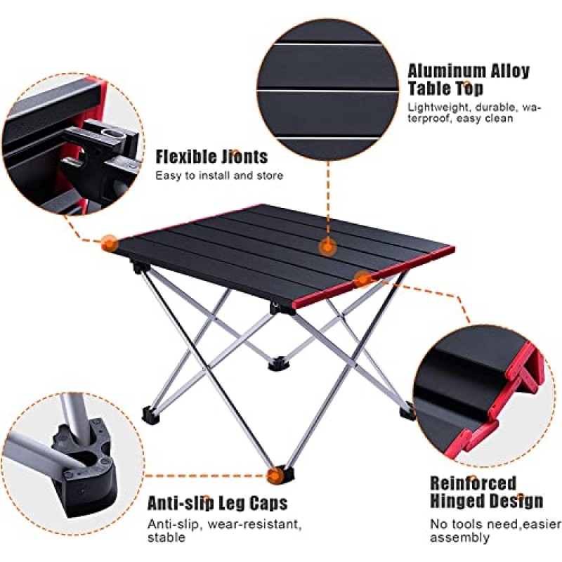MCULIVOD 접이식 캠핑 테이블, 야외 피크닉, 해변, 블랙/레드, L용 가방이 있는 휴대용 알루미늄 테이블