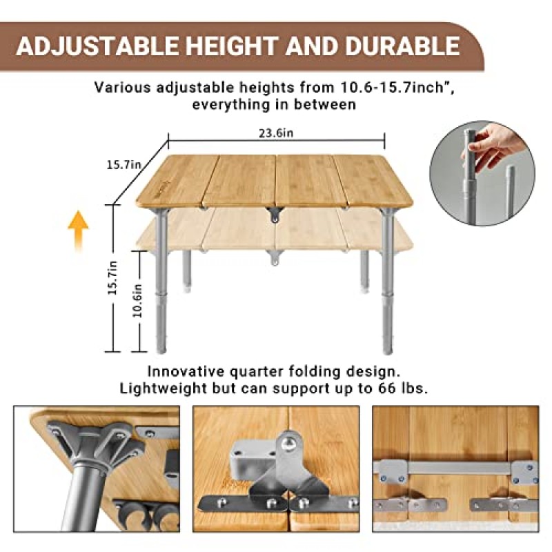 KingCamp 대나무 접이식 테이블 높이 조절이 가능한 캠핑 테이블 4겹 야외 배낭 여행 해변 RV 여행 뒷문 바베큐용 소형 소형 경량 휴대용 피크닉 캠프 테이블, 1-2인용