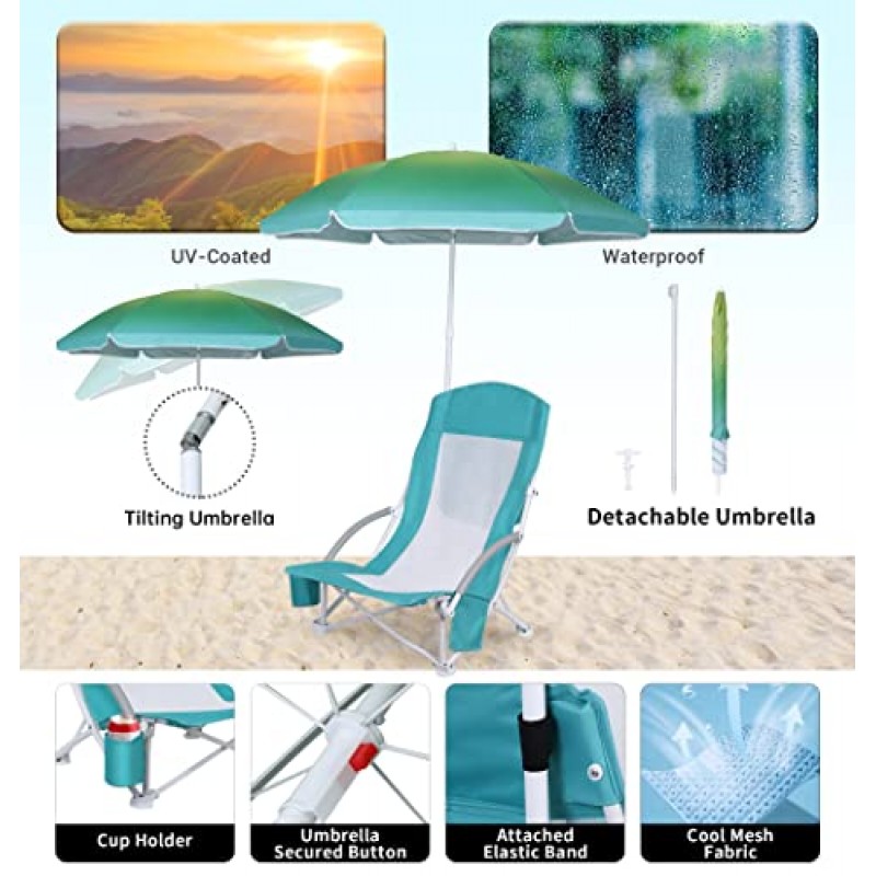 WGOS 비치 체어, 우산이 있는 비치 체어, 성인용 비치 체어 캠핑 의자 하이백, 우산과 쿨러, 해변용 휴대용 및 경량, 야외, 캠핑(블루 2개 세트)