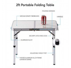 접이식 캠프 테이블 소형, 24'L x16'W, 높이 조절 가능 다리, 피크닉 캠핑용 실내 실외 경량 휴대용 알루미늄 식탁 2피트(2 높이 10