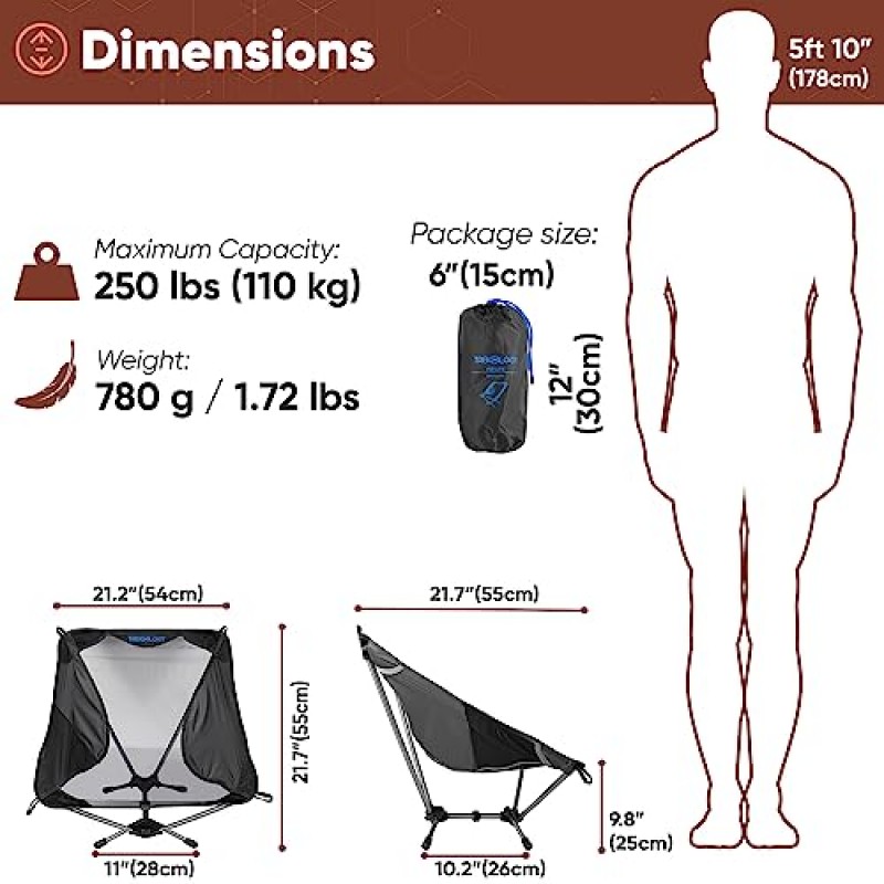 TREKOLOGY 초경량 캠핑 의자, 배낭 의자용 경량 캠프 의자 초경량 배낭 의자 성인 하이킹 의자 초경량 배낭 의자 초경량 캠프 의자 - YIZI LITE