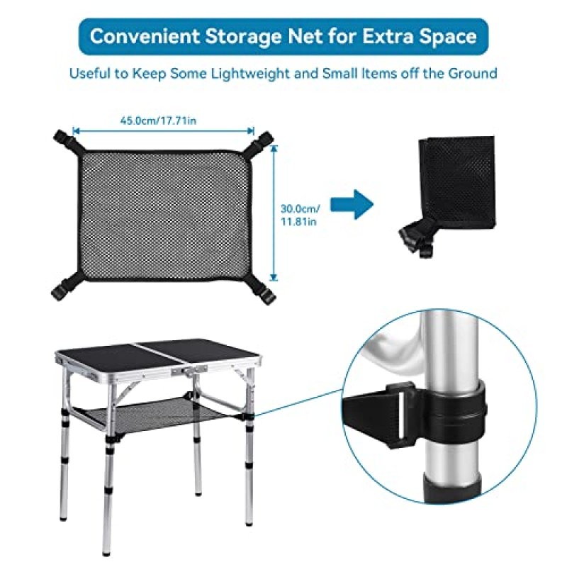 분리 가능한 네트 레이어가 있는 HIPAHIPA 캠핑 테이블 휴대용 소형 접이식 알루미늄 테이블 2개의 후크가 있는 높이 조절 가능 간편한 홀더 견고한 야외 피크닉 해변 바베큐 요리