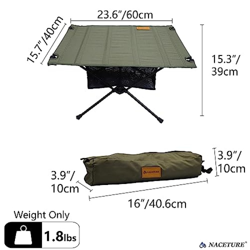 NACETURE 초경량 백패킹 테이블 - 캠핑 장비용 보관 메쉬가 있는 접이식 캠핑 테이블, 하이킹 테이블 및 등산 테이블, 액세서리 및 야외 여행용 캠프 테이블(녹색)