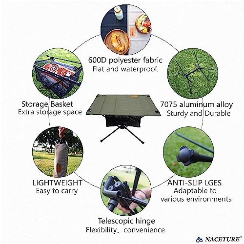 NACETURE 초경량 백패킹 테이블 - 캠핑 장비용 보관 메쉬가 있는 접이식 캠핑 테이블, 하이킹 테이블 및 등산 테이블, 액세서리 및 야외 여행용 캠프 테이블(녹색)