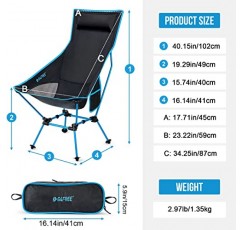 G4Free 경량 휴대용 하이 백 캠프 의자, 접이식 의자 잔디 의자 야외 캠프 여행 해변 하이킹을 위한 머리 받침 및 포켓이 있는 헤비 듀티 330lbs