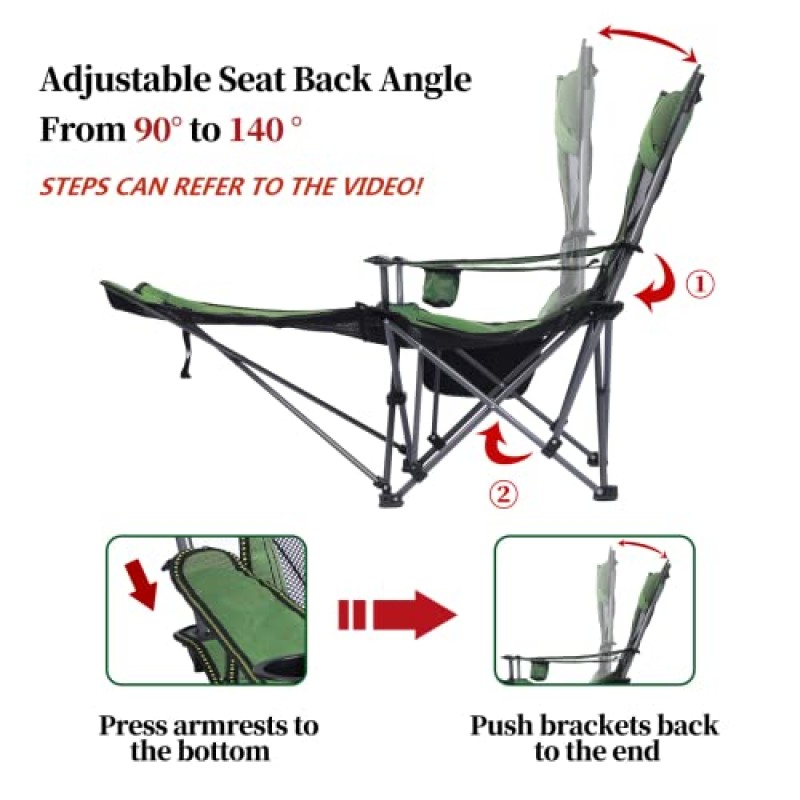 KEFOMOL 캠핑 라운지 의자, 휴대용 리클라이닝 캠핑 의자, 발판이 있는 접이식 캠핑 의자, 머리 받침 및 보관 가방, 배낭이 있는 메쉬 안락 의자, 330lbs 무게 용량