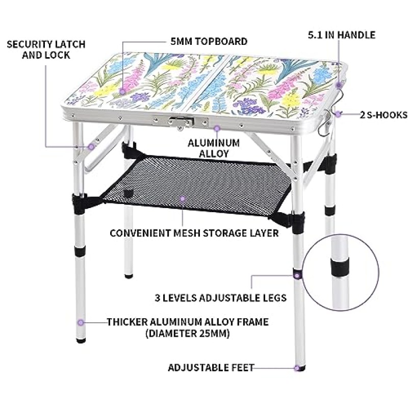 접이식 캠핑 테이블 2피트 휴대용 피닉 테이블 조절 가능한 높이 테이블 소형 카드 테이블 야외 실내 하이킹 캠프 바베큐 해변용 운반 손잡이가 있는 알루미늄 접이식 경량(꽃무늬)