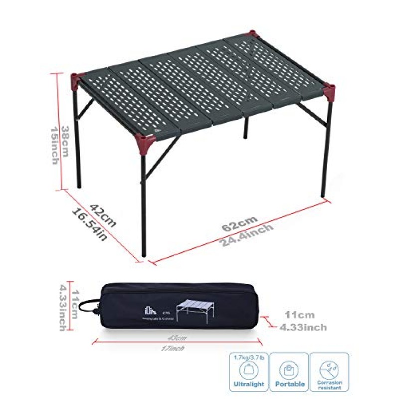 iClimb 확장형 접이식 테이블 대형 탁상 공간 초경량 컴팩트, 속이 빈 탁상 캠핑 배낭 해변 콘서트 바베큐 파티, 3가지 크기(검은색 - XL + 행거)