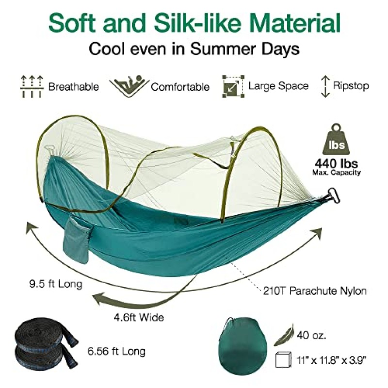 모기장이 있는 캠핑 해먹 - OOKU 경량 휴대용 해먹, 벌레 그물이 있는 나일론 낙하산 해먹 | 야외 배낭 여행, 하이킹, 뒷마당, 녹색용 나무 스트랩이 있는 여행용 해먹 2인용