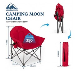 하이 포인트 스포츠 패딩 대형 접이식 캠핑 의자, 휴대용 달 접시 의자, 컵 홀더가 있는 원형 야외 의자 및 성인용 휴대용 가방, 하이킹, 캠핑, 낚시, 레드