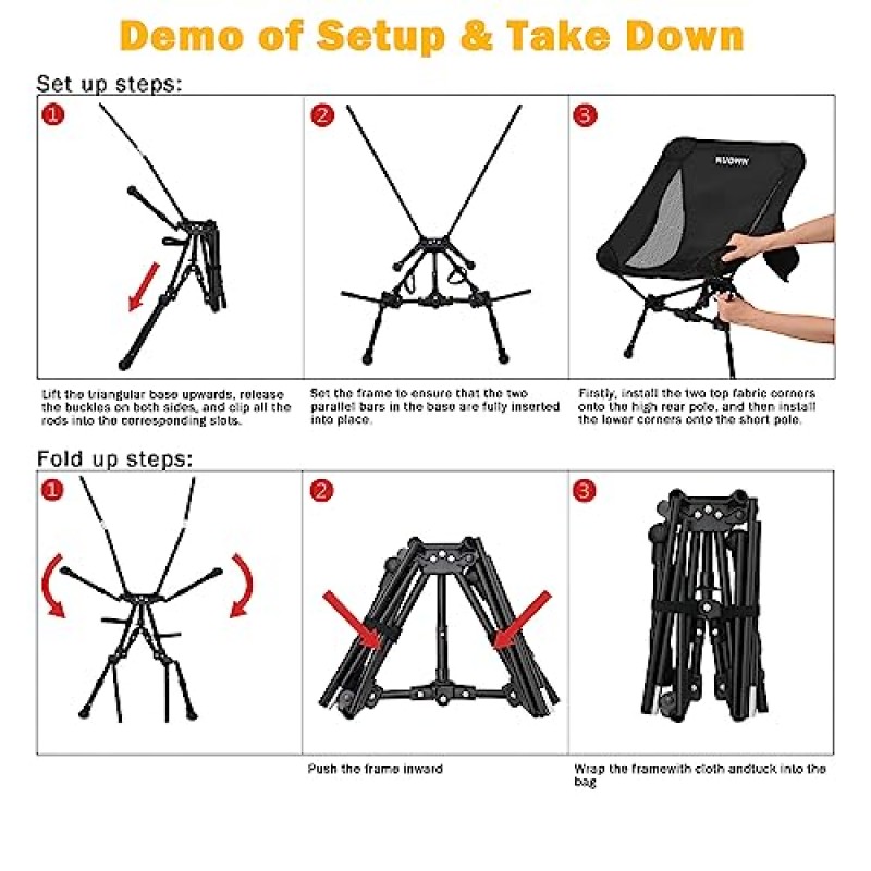 NUOWN 휴대용 의자 캠핑 의자 조절 가능한 높이 캠핑 접이식 비치 의자 하이킹 및 해변용 사이드 포켓이 있는 경량 휴대용 접이식 캠핑 의자 블랙
