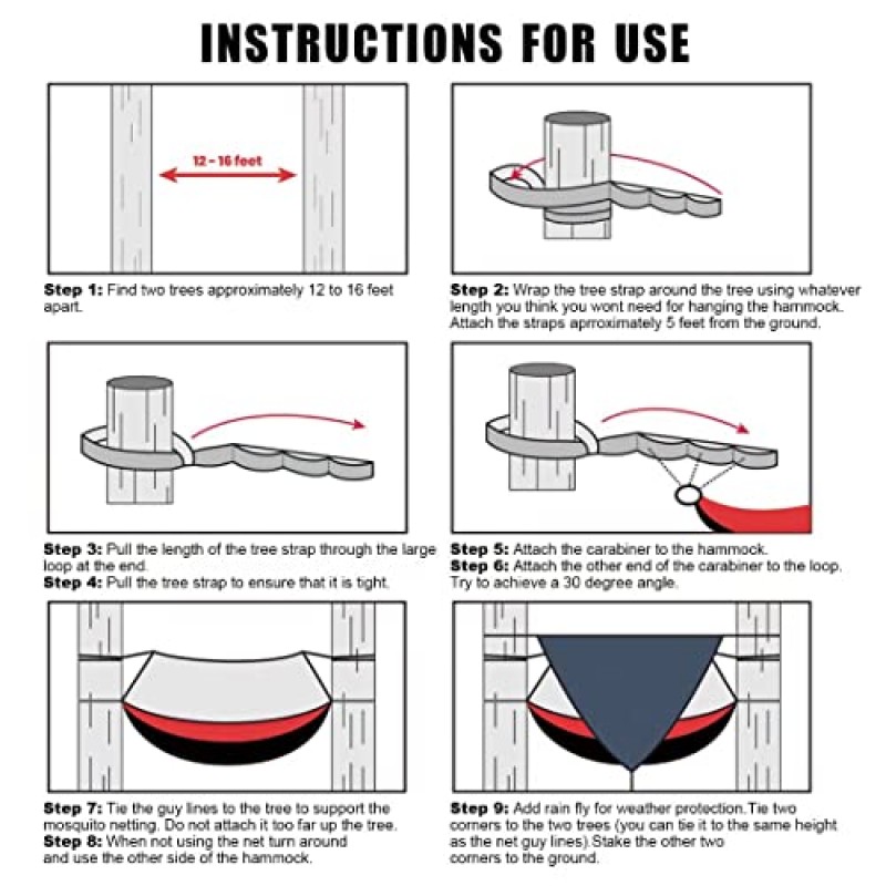 그물과 레인 플라이가 있는 Kinfayv 해먹 - 버그 그물과 텐트 방수포가 있는 휴대용 더블 해먹 여행 캠핑 배낭 하이킹 야외 활동을 위한 헤비 듀티 트리 스트랩, 레드