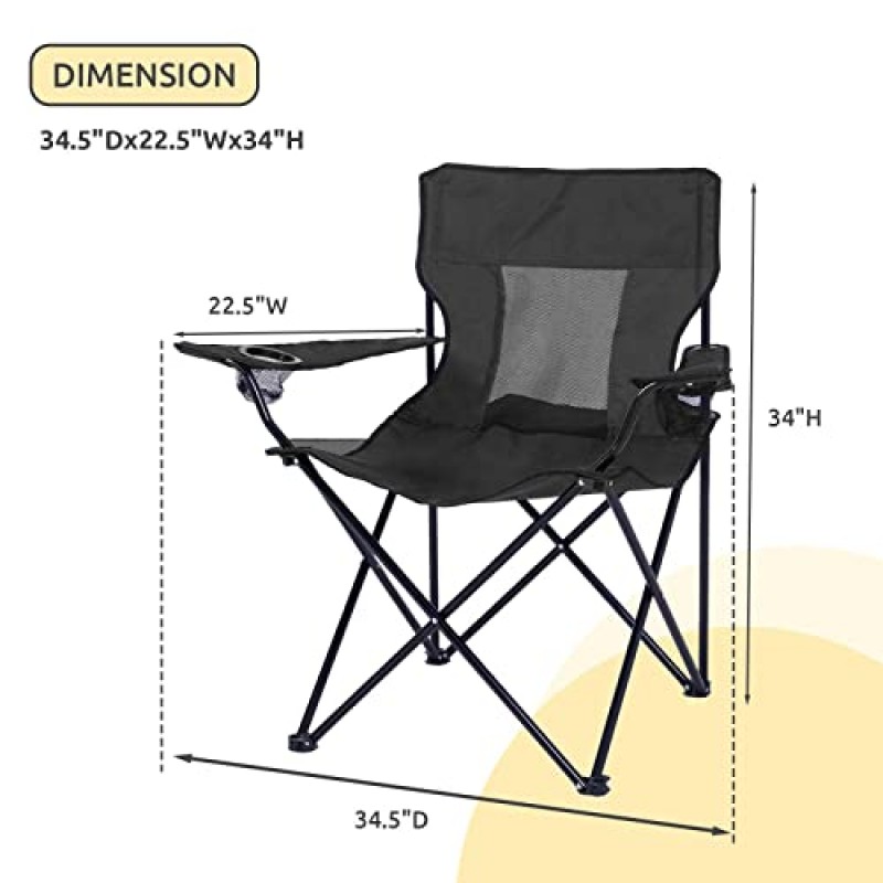 ONENESS 캠핑 의자, 낚시, 스포츠, 해변 및 캠핑을 위한 2개의 컵 홀더가 있는 야외 휴대용 피크닉 접이식 낚시 의자, 블랙