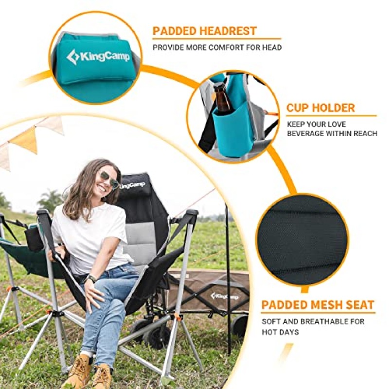 KingCamp 해먹 캠핑 의자, 알루미늄 합금 조절 가능한 등받이 스윙 의자, 베개 컵 홀더가 있는 접이식 흔들 의자, 야외 여행 스포츠 게임용 안락 의자 잔디 콘서트 뒷마당