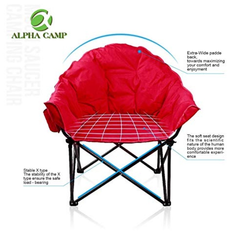 ALPHA CAMP 대형 캠핑 의자 접이식 컵 홀더 및 운반용 가방이 포함된 패딩 처리된 달 원형 의자 접시 안락 의자
