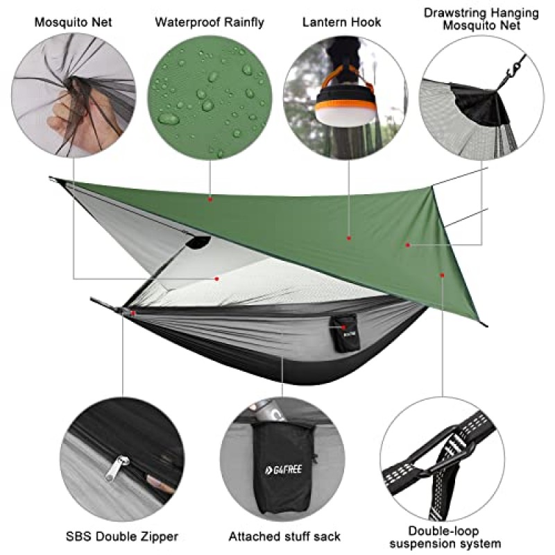 그물과 비가 내리는 G4Free 캠핑 해먹- 방수포가 있는 휴대용 해먹 텐트, 캠핑 하이킹 뒷마당 야외 배낭 여행을 위한 2인 경량 해먹