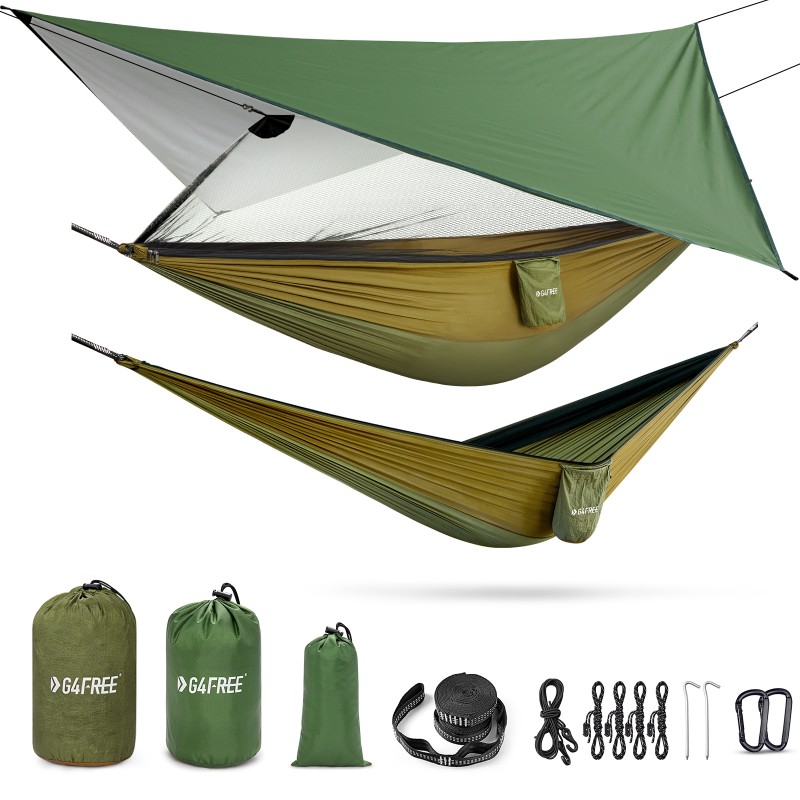 그물과 비가 내리는 G4Free 캠핑 해먹- 방수포가 있는 휴대용 해먹 텐트, 캠핑 하이킹 뒷마당 야외 배낭 여행을 위한 2인 경량 해먹