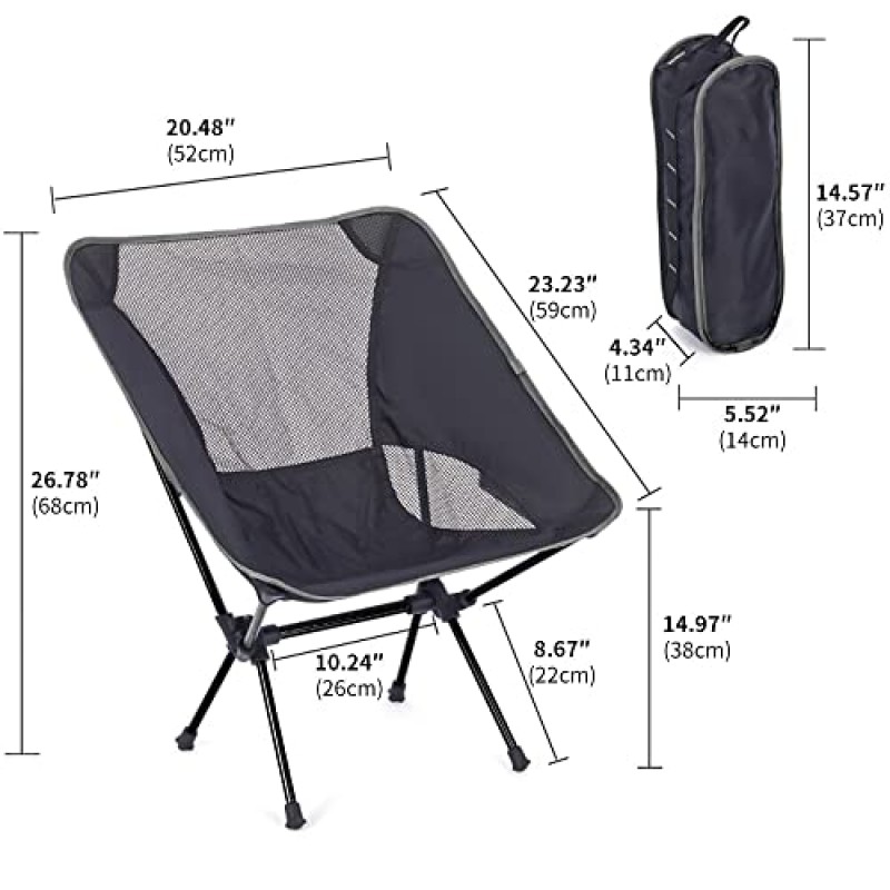AOESIN 휴대용 캠핑 의자, 해변 하이킹용 경량 접이식 야외 의자, 최대 하중 220lbs, 항공기 등급 7075 알루미늄, 소형 백업 의자 잔디 의자, 검정색