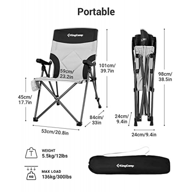 KingCamp 3 위치 조정 가능한 캠핑 의자 외부 휴대용 패딩 등받이 캠프 의자(검정색/회색)를 위한 헤비 듀티 하이 백 대형 의자