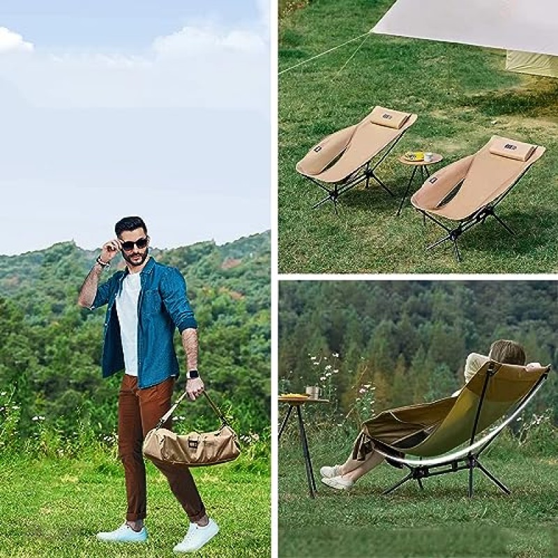 휴대용 가방이 포함된 WWS 휴대용 리클라이닝 캠핑 의자, 머리 받침대와 백 포켓이 있는 대형 접이식 의자, 야외 잔디 의자, 캠핑, 해변 및 하이킹을 위한 접이식 소형 배낭 의자