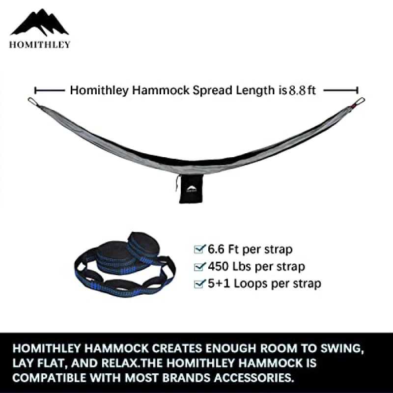 Homithley 캠핑 해먹 2개의 나무 끈이 있는 단일 휴대용 해먹 - 210D 나일론 낙하산 해먹 스윙 - 배낭 여행, 여행, 해변, 뒷마당, 파티오, 하이킹용