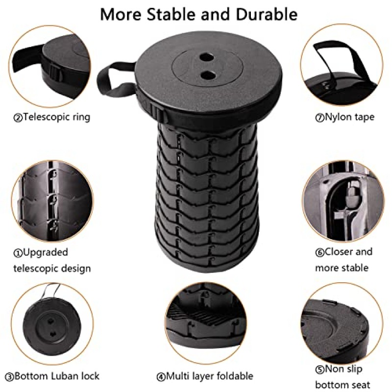 업그레이드된 텔레스코핑 스툴 접이식 스툴(시트 쿠션 및 가방 포함), 접이식 접이식 캠핑 스툴(성인용) 최대 하중 500lb 낚시 하이킹 원예용으로 더욱 견고하고 경량(Black-s)