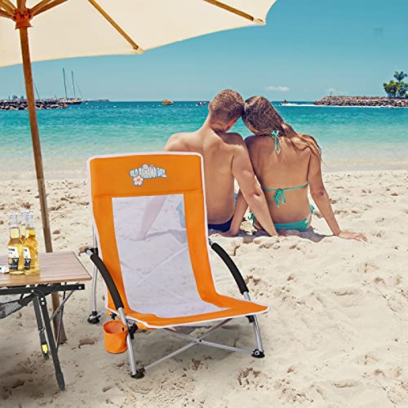 올드 바하마 베이 로우 비치 캠핑 접이식 의자(컵 홀더 및 캐리 백 포함) 야외, 캠핑, 바베큐, 해변, 여행, 피크닉, 콘서트(Qrange)를 위한 컴팩트하고 헤비 듀티