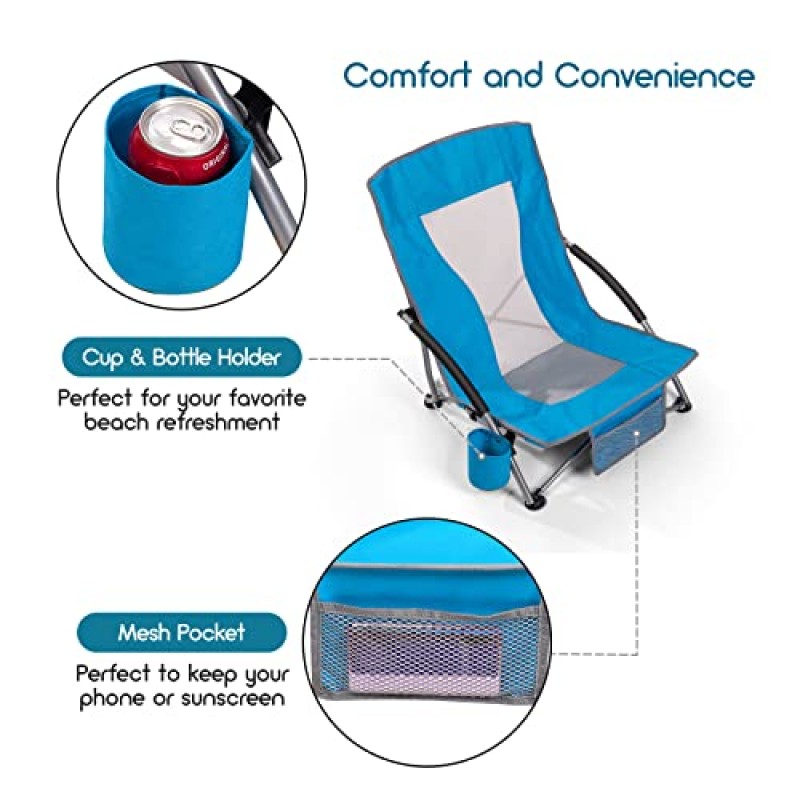 Coastrail 야외 비치 의자 접이식 경량 메쉬 로우 슬링 모래 의자 캠핑 야외 잔디밭, 운반용 가방 포함, 250lbs 지원, 파란색, 22'W x 15' D x 27'H