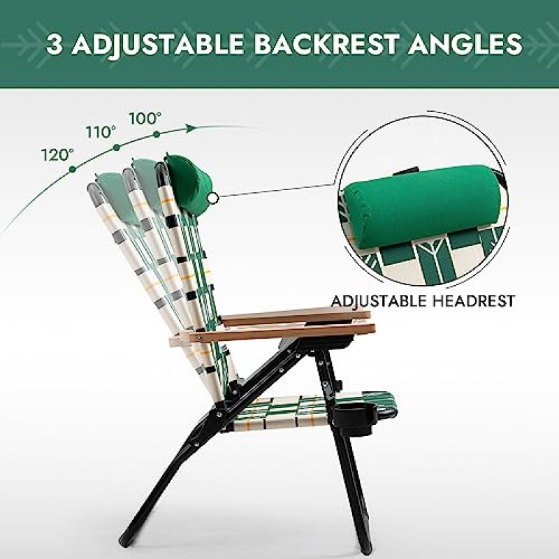 쿨러 백이 포함된 Dowinx 비치 체어, 백팩 스트랩이 포함된 접이식 캠핑 의자, 하이 백 3 위치 리클라이닝 야외 의자 알루미늄 프레임, 녹색