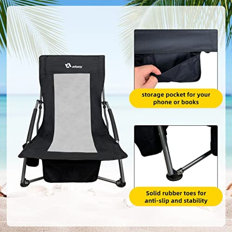 aofunny 해변 의자, 컵 홀더 및 휴대용 가방이 포함된 성인용 낮은 해변 의자, 접이식 해변 의자 지원 200lb - 경량 4.4lb, 해변, 캠핑, 여행(검정색)