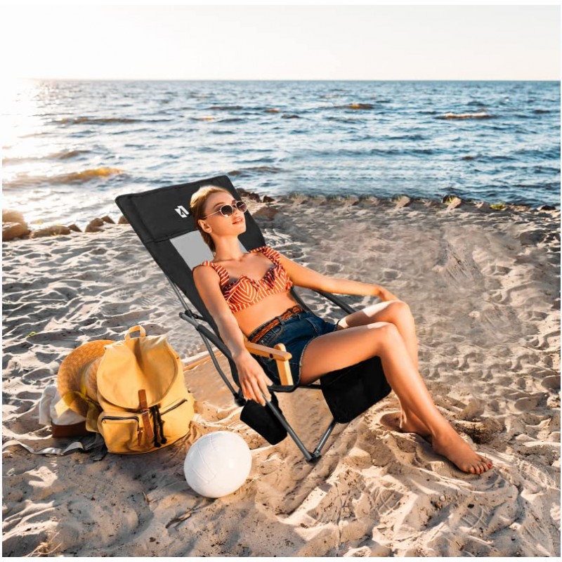 aofunny 해변 의자, 컵 홀더 및 휴대용 가방이 포함된 성인용 낮은 해변 의자, 접이식 해변 의자 지원 200lb - 경량 4.4lb, 해변, 캠핑, 여행(검정색)