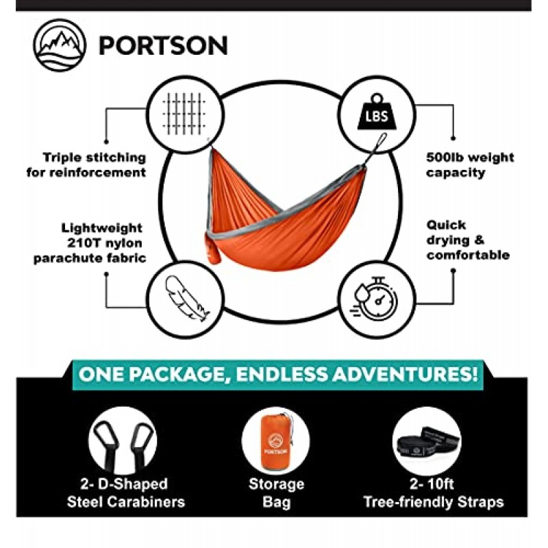 포트슨 캠핑 해먹 - 매디슨 기반 - 배낭 여행, 여행, 하이킹을 위한 더블 해먹 - 휴대용 해먹 - 나무 친화적인 스트랩 포함