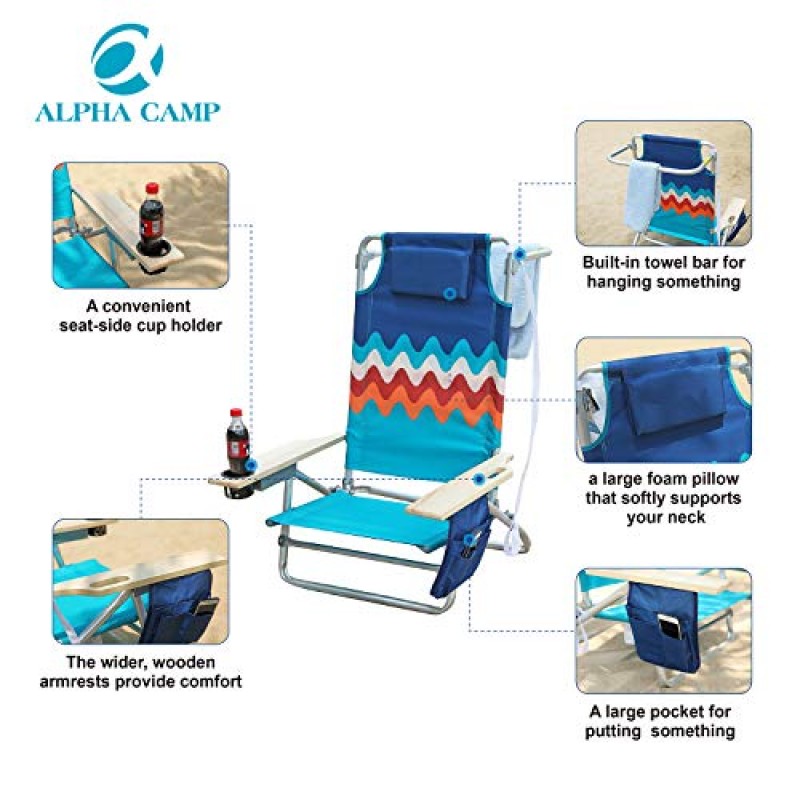 쿨러 백이 포함된 ALPHA CAMP 비치 의자 특대 헤비 듀티 스틸 프레임 지원 250 LBS 접이식 패딩 캠핑 접이식 의자(컵 홀더 포함) 쿼드 요추 등받이 의자 야외/실내,파동용 휴대용