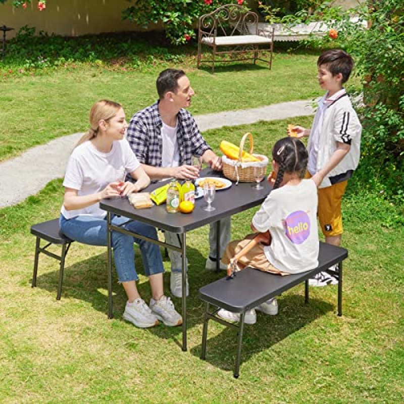 Maarch 접이식 피크닉 테이블(벤치 포함), 야외용 접이식 캠핑 피크닉 테이블, 좌석 세트가 있는 3피스 휴대용 피크닉 테이블(40인치), 검정색