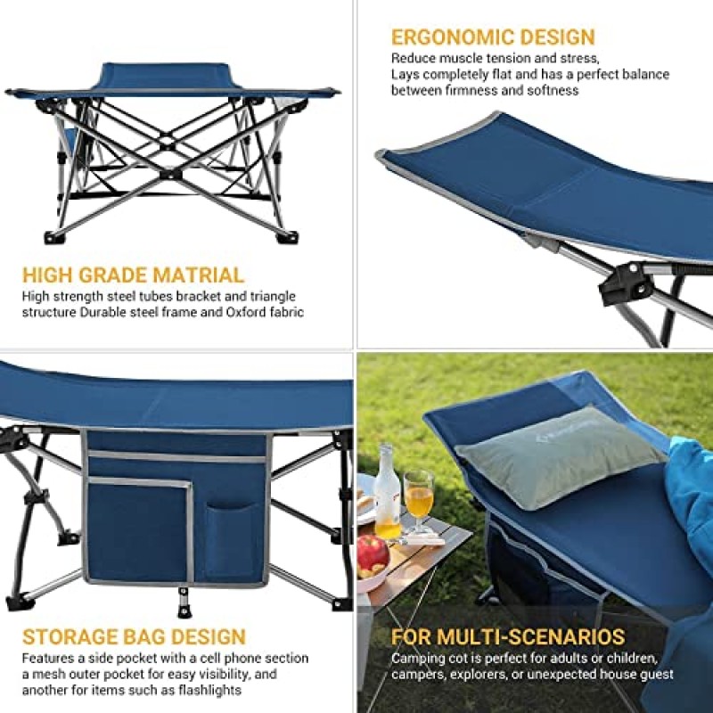 KingCamp 접이식 캠핑 간이 침대, 튼튼한 디자인으로 성인용 휴대용 및 캠프 사무실 실내 및 실외 사용을 위한 초경량 1인용 침대 보유