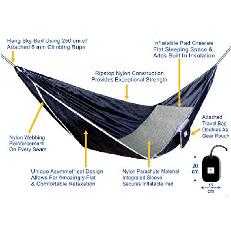 해먹 블리스 스카이 베드 - 해먹처럼 걸고 침대처럼 잔다 - 평평하고 단열된 캠핑 해먹 수면 경험을 위한 통합 팽창식 패드 슬리브가 있는 비대칭 디자인 해먹 텐트