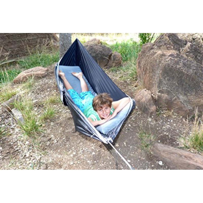 해먹 블리스 스카이 베드 - 해먹처럼 걸고 침대처럼 잔다 - 평평하고 단열된 캠핑 해먹 수면 경험을 위한 통합 팽창식 패드 슬리브가 있는 비대칭 디자인 해먹 텐트
