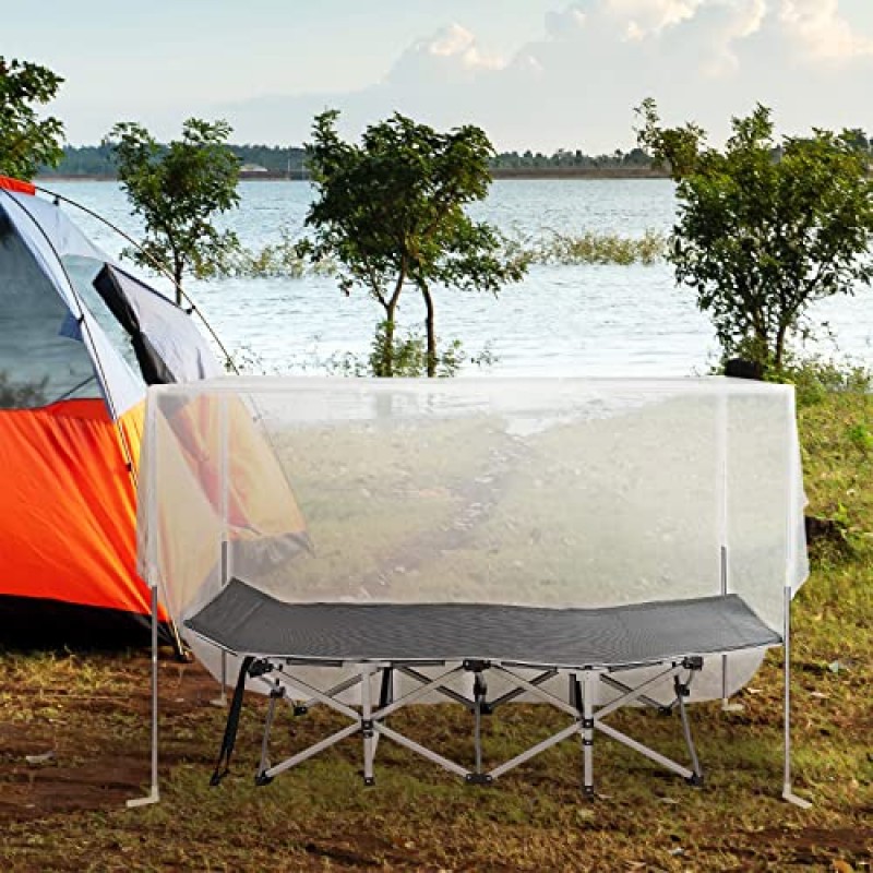 모기장이 있는 성인용 AkiiGer 접이식 캠핑 침대(스탠드 포함), 휴대용 여행 캠프 침대, 여름 및 가을용 야외 수면 침대, 700파운드, 회색