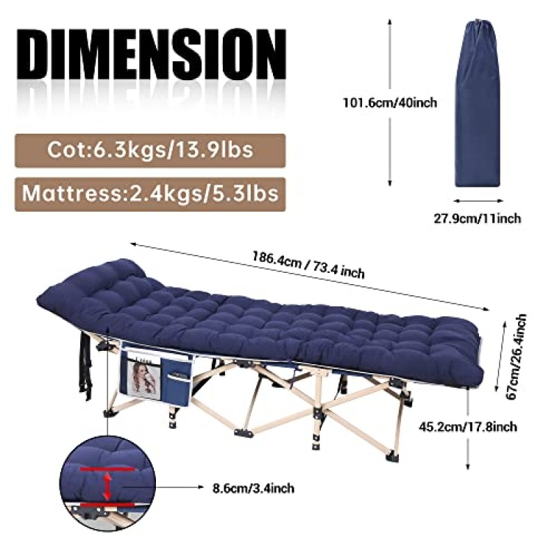 캠핑 침대, WGOS 접이식 캠핑 침대 매트리스, 휴대용 가방, 베개 및 측면 메쉬 홀더가 포함된 성인용 접이식 침대는 실내 및 실외용으로 최대 500Lbs의 무게를 견딜 수 있습니다(네이비블루 1팩)