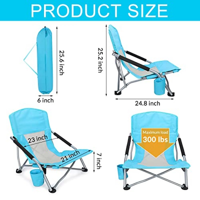 성인을 위한 4 Pcs 해변 의자 접는 해변 의자 낮은 좌석 캠핑 의자 메쉬 백 해변 컵 홀더가 있는 휴대용 의자 야외 잔디 피크닉 해변 캠핑을 위한 운반 가방(파란색)