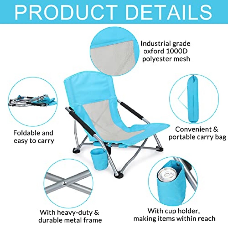 성인을 위한 4 Pcs 해변 의자 접는 해변 의자 낮은 좌석 캠핑 의자 메쉬 백 해변 컵 홀더가 있는 휴대용 의자 야외 잔디 피크닉 해변 캠핑을 위한 운반 가방(파란색)